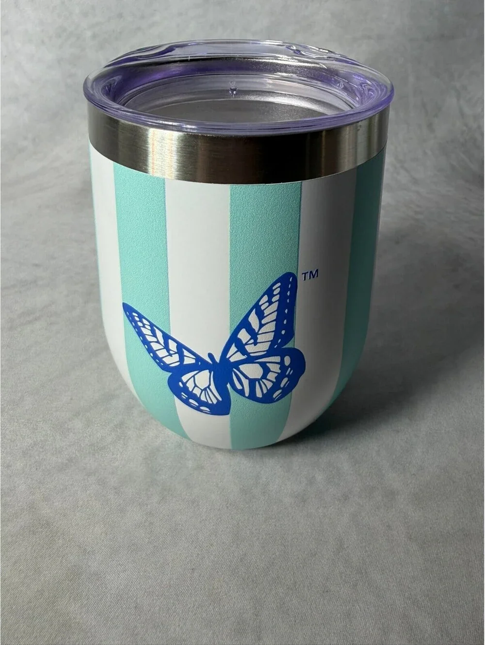 Dolly Parton 12 oz Wine Tumbler Blue Stripe Butterfly Stainless Steel w/ Lid